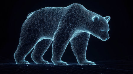Explore a stunning digital representation of a bear, crafted as a detailed wireframe model set against a dark background, merging nature and technology in an imaginative visualization.の素材