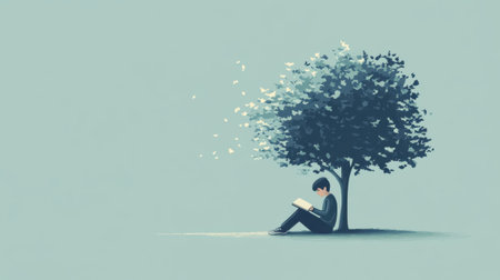 A serene illustration of a young person absorbed in reading beneath a large tree, with whimsical butterflies dancing in the air, encapsulating a moment of tranquility and imagination.の素材