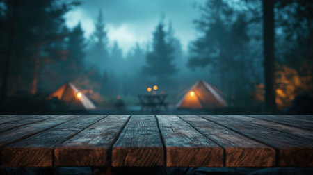 A serene campsite setting features cozy tents nestled among trees, with a warm campfire glow creating an inviting atmosphere in a misty evening landscape.の素材