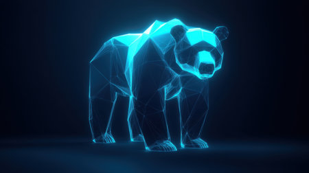 A striking low-poly panda model illuminated in neon blue light, set against a dark backdrop, ideal for technology-themed projects or creative visual art.の素材