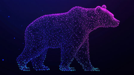This digital illustration depicts an abstract bear composed of vibrant lines and dots, set against a dark background, making it perfect for themes in technology and nature.の素材