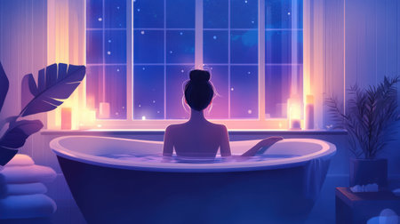 A tranquil scene of a person enjoying a serene bath, highlighted by warm candlelight and soft reflections through a window, creating an inviting atmosphere.の素材