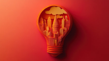 This striking artwork features a cityscape cleverly integrated into a light bulb, showcasing creativity and innovation with a vivid red background. Perfect for design inspiration.の素材