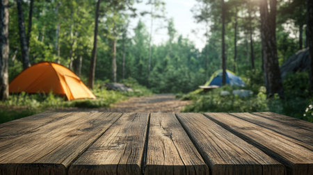 A serene camping scene featuring a rustic wooden table in the foreground and tents nestled in a lush forest, ideal for outdoor adventures or nature photography.の素材