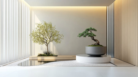 This image showcases a tranquil indoor garden with minimalist bonsai trees, modern decor, and a serene atmosphere, perfect for promoting relaxation and peaceful living.の素材