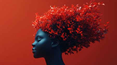 A striking portrait of a dark-skinned woman featuring vibrant red leaves as hair, set against a warm red background, capturing themes of nature, beauty, and artistic creativity.の素材