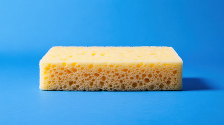 A vibrant yellow cleaning sponge rests on a bright blue background, highlighting its versatile use for kitchen chores and enhancing everyday household cleaning tasks.の素材