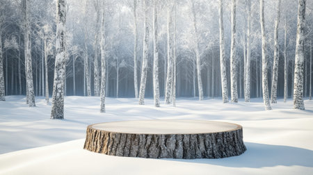 A serene winter landscape showcases a tree stump in a snowy forest, surrounded by frost-covered trees. The scene captures the peaceful beauty of a cold winter day.の素材