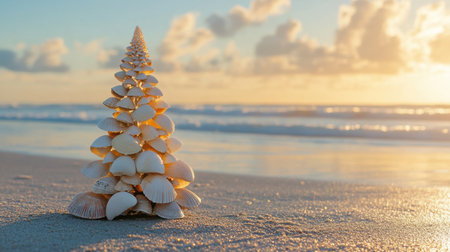 A stunning display of a shell tower on a serene beach during sunrise, showcasing soft waves and beautiful clouds, perfect for evoking peace and natural beauty.の素材