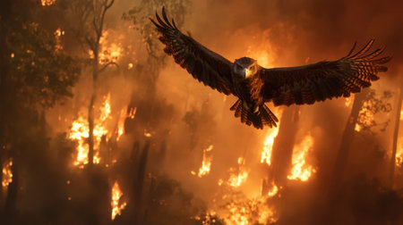 A stunning eagle flies majestically amidst a fierce wildfire, showcasing the stark contrast of natureの素材