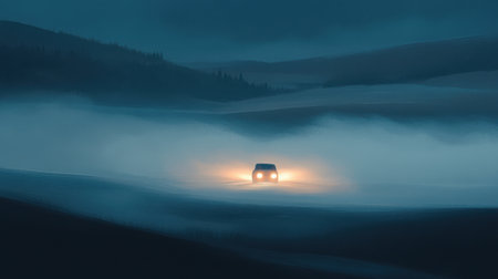 A solitary car stands amidst a fog-laden landscape at dusk, its headlights cutting through the mist, creating an evocative scene of mystery and adventure.の素材