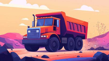 This colorful illustration depicts a vibrant dump truck situated in a scenic landscape. Its playful design captures the essence of construction and outdoor adventure in a stunning way.の素材