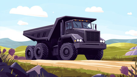 Vibrant cartoon-style illustration of a black dump truck driving along a gravel road surrounded by lush green hills, under a bright blue sky dotted with fluffy clouds.の素材