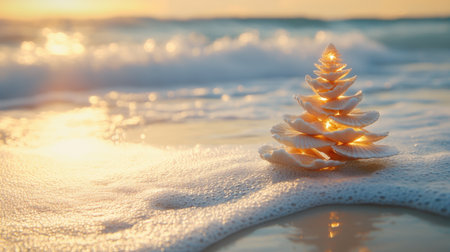 A stunning seashell tree stands on a sandy beach, illuminated by the warm sunset. Gentle waves lap at the shore, creating a serene and festive coastal atmosphere.の素材