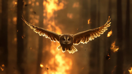 This stunning image features a majestic owl gliding through a fiery forest, symbolizing strength and resilience in nature's tumultuous beauty. An awe-inspiring capture of wildlife.の素材