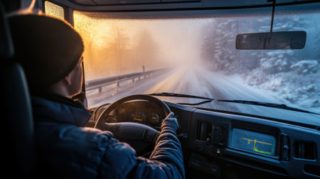 A person drives through a beautiful snowy landscape at dawn, with frosted windows creating a magical atmosphere on the winter road. Perfect for travel themes.の素材