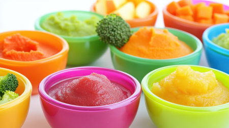 A vibrant display of pureed baby food in colorful bowls, featuring nutritious ingredients like fruits and vegetables, ideal for infants and toddlers' healthy eating habits.の素材