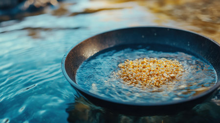 A close-up image of a pan filled with golden particles floating on clear water, illustrating the art of treasure prospecting in a tranquil outdoor setting.の素材