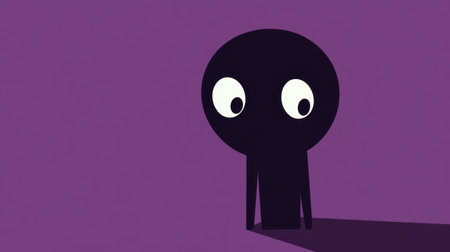 This illustration features a minimalist cartoon character with large eyes standing against a purple background, embodying curiosity and simplicity in a playful manner.の素材