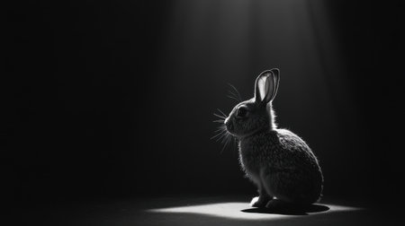 A captivating black and white image of a rabbit illuminated by soft light, creating a serene atmosphere that highlights the beauty and elegance of this gentle creature in nature.の素材