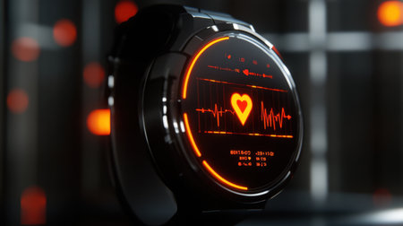 This image features a sleek smartwatch showcasing a vibrant heart rate monitor with a dynamic heartbeat graph, highlighting modern health technology and fitness tracking.の素材