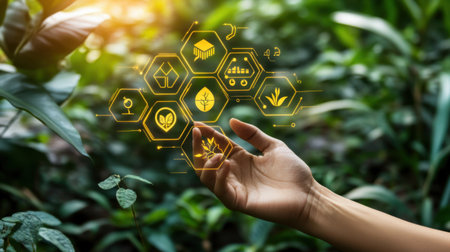 A hand reaches out toward lush greenery with digital icons symbolizing sustainable agriculture and eco-friendly practices, embodying harmony between nature and technological advancement.の素材
