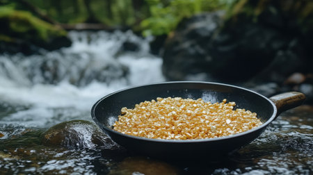 A close-up view of a pan filled with sparkling gold nuggets set by a serene stream, showcasing the beauty of nature and the allure of treasure hunting in the wilderness.の素材