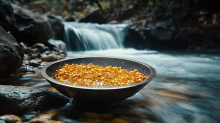 A serene image of a bowl filled with shimmering gold flakes placed beside a gentle river, reflecting nature's beauty and abundance, evoking feelings of tranquility and exploration.の素材
