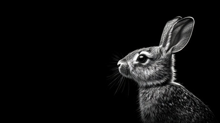 Captivating portrait of a gray rabbit showcasing its fine details and serene expression against a stark black background, perfect for nature and wildlife themes.の素材