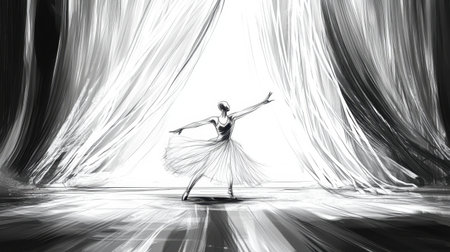 A stunning monochrome illustration of a ballerina on stage, embodying grace and artistry as she performs against flowing curtains. An inspiring visual representation of dance.の素材