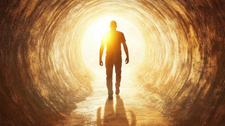 Captivating image of a man walking towards a bright light at the end of a tunnel, representing hope and new beginnings. Ideal for themes of growth and transformation.の素材