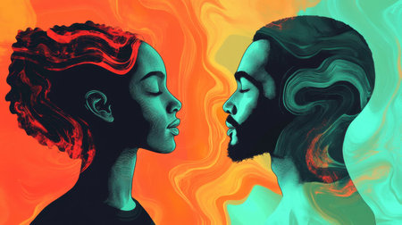 This artwork showcases a man and woman in profile, surrounded by vibrant colors and abstract forms, symbolizing emotional connection, creativity, and harmony.の素材