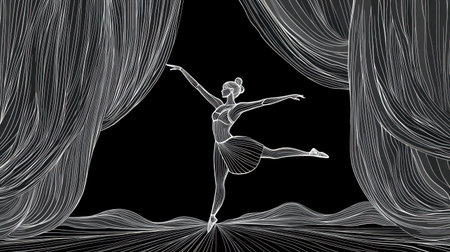 This minimalist line art illustration showcases a graceful ballerina performing on stage, framed by dramatic curtains, celebrating the beauty of dance and creativity.の素材