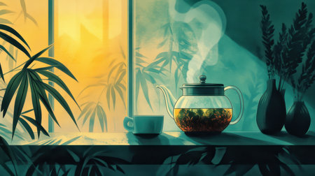 A tranquil depiction of a teapot with steam rising beside a cup, framed by lush plants and soft sunlight. This artwork captures a peaceful morning atmosphere.の素材