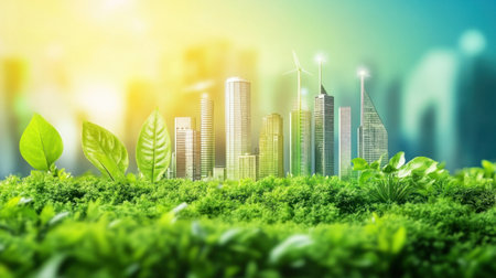 A vibrant city skyline emerges from a landscape of rich green plants, showcasing the balance between urban living and nature for a sustainable future.の素材