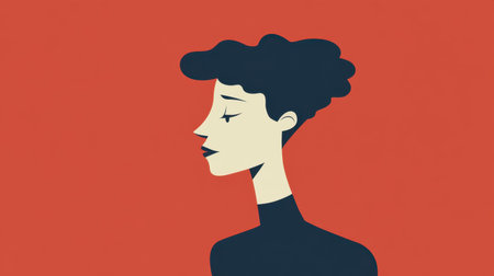 This minimalist portrait showcases a woman with curly hair, set against a bold red backdrop, embodying modern artistic expression and elegance in design.の素材