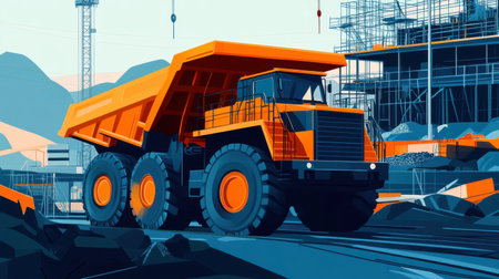 A vibrant illustration featuring a heavy dump truck at a construction site, showcasing industrial machinery and the essence of mining operations amid a colorful backdrop.の素材