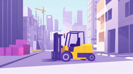 A vibrant illustration of a forklift positioned in an urban construction site, showcasing modern skyscrapers and cranes in the background, representing industrial progress.の素材