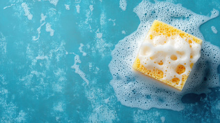 A vibrant yellow cleaning sponge resting on a textured blue surface, surrounded by white bubbles. This image evokes a fresh, clean feeling ideal for cleaning product promotions.の素材