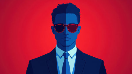 A stylish man in sunglasses and a suit stands against a bold red background, embodying modern fashion and confidence through vibrant graphic design.の素材