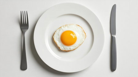 A neatly presented sunny-side up egg on a white plate is complemented by stainless steel cutlery, showcasing a simple yet elegant breakfast setting ideal for culinary visuals.の素材
