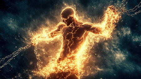 This stunning image features a fiery human figure breaking free from chains, representing strength and liberation with a vibrant glow and dynamic energy in an inspiring visual.の素材