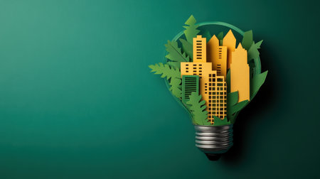 Unique and artistic representation of eco-friendly urban development with cut-out buildings and greenery in a light bulb, symbolizing sustainability and innovation.の素材