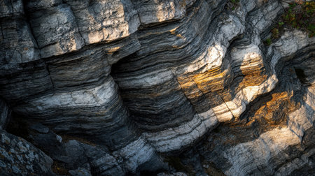 Detailed view of a rocky surface displaying natural striations and shadows, highlighting the beauty of geological formations in varying tones of light and shadow.の素材