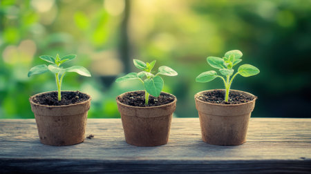 A beautiful arrangement of three young green seedlings in small pots resting on a wooden surface, representing growth and a connection with nature in a serene outdoor setting.の素材