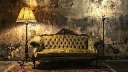 A beautifully ornate vintage sofa in green upholstery creates a warm and inviting atmosphere, highlighted by soft lamp light in a rustic and textured interior setting.の素材