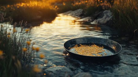 Captivating image of a pan filled with gleaming gold nuggets resting in a tranquil stream, surrounded by lush grass and wildflowers, perfectly capturing the essence of adventure and nature's beauty.の素材