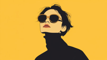 A fashionable portrait of a young woman in sunglasses against a bright yellow background, embodying modern style and confidence with an artistic touch.の素材