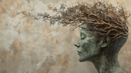 This stunning sculpture showcases a woman's profile with hair made of tree branches, blending natural elements with artistic expression for a serene and thought-provoking visual.の素材