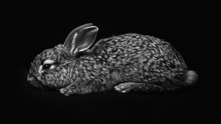 A stunning close-up image of a grey rabbit lying gracefully on a black background, highlighting the intricate details of its soft fur and relaxed demeanor. Perfect for animal lovers.の素材